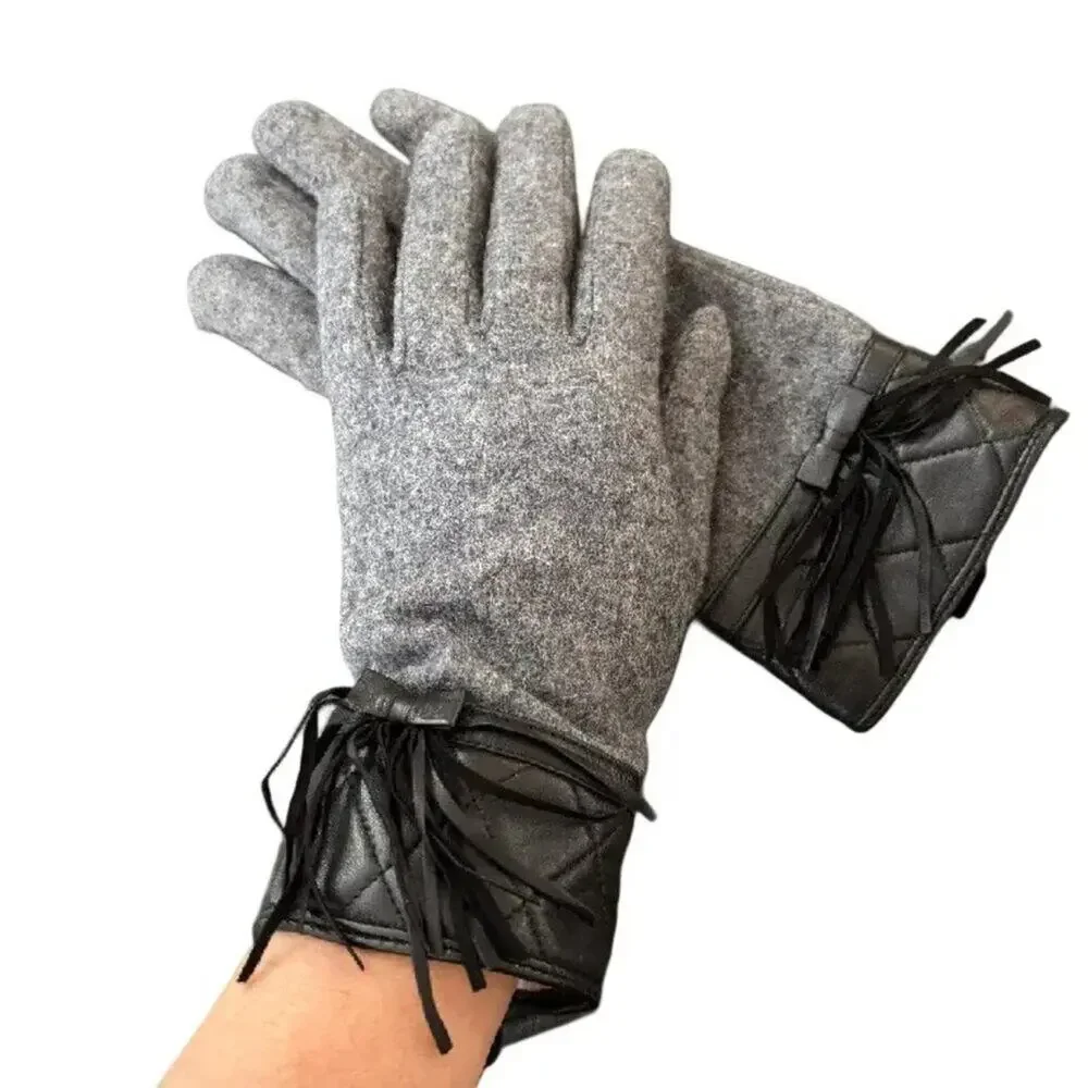 NEW SURELL 100% Wool Gloves Genuine Leather Trim Bow Fringe Wool lined